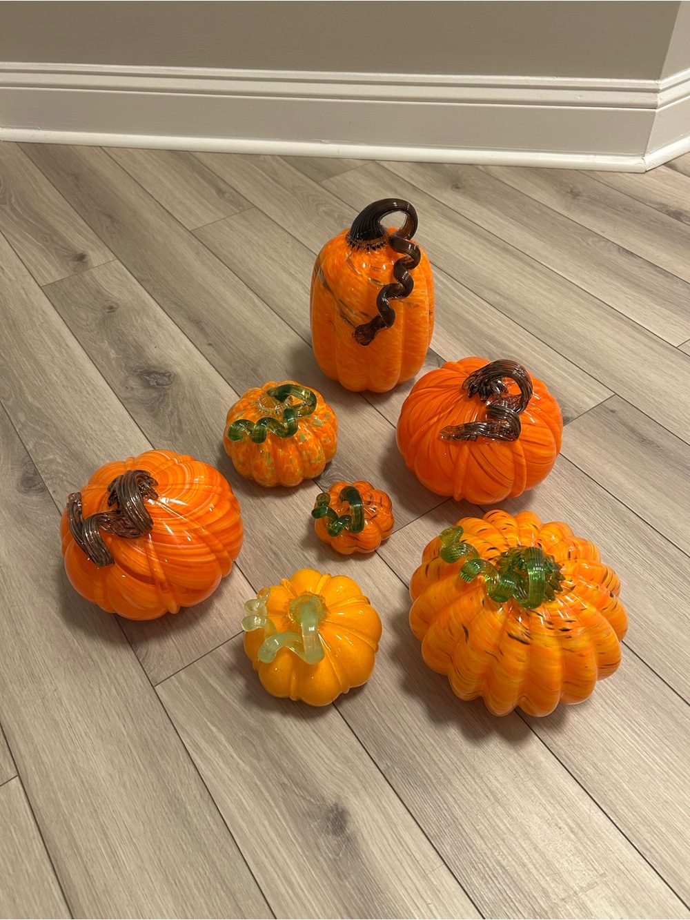 (Set of 7) Hand-Blown Orange Glass Pumpkin Set - Seasonal Table Decor